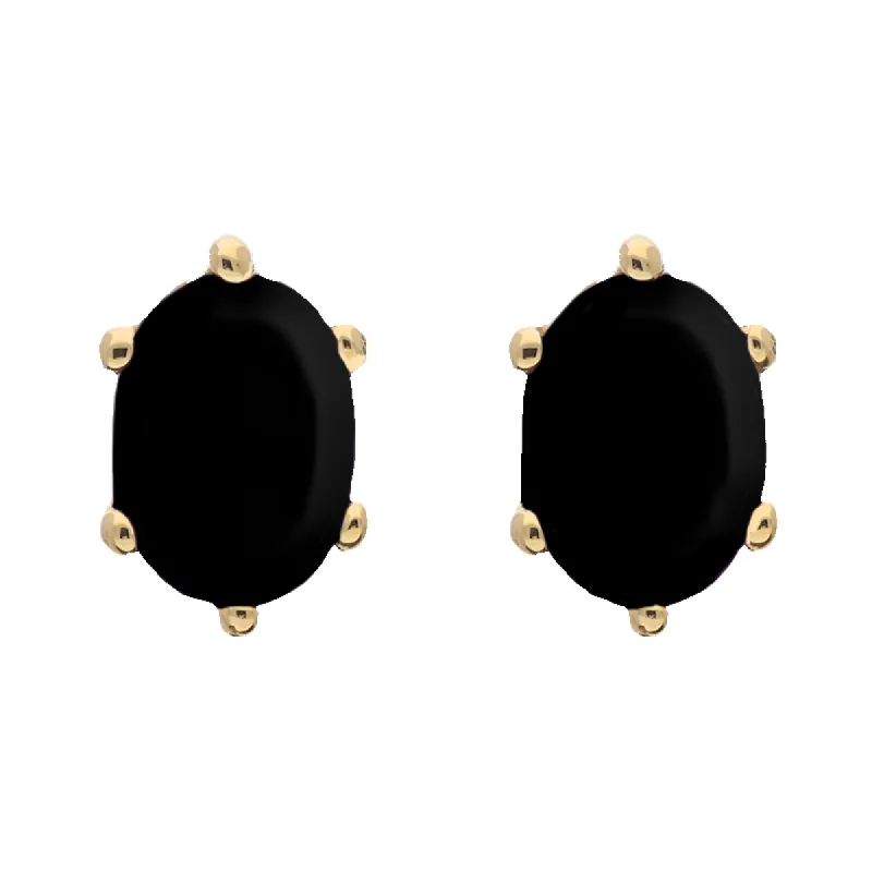 9ct Yellow Gold Sterling Silver Whitby Jet Stepping Stones 4x7mm Oval Claw Set Stud Earrings D sold by C.W. Sellors
