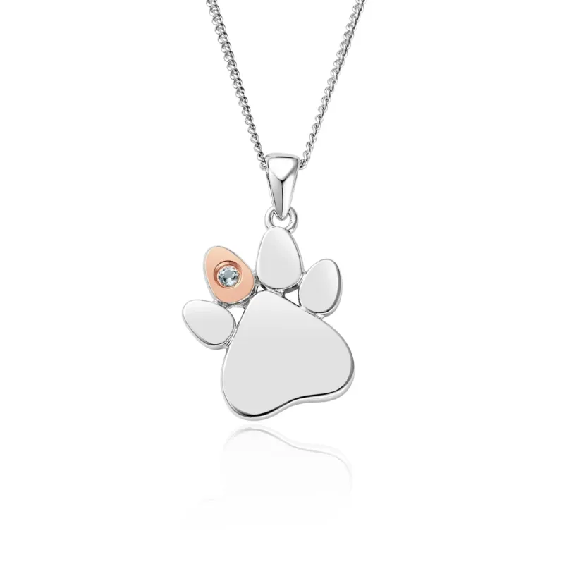 Clogau Paw Prints On My Heart Sterling Silver March Birthstone Aquamarine Necklace sold by C.W. Sellors