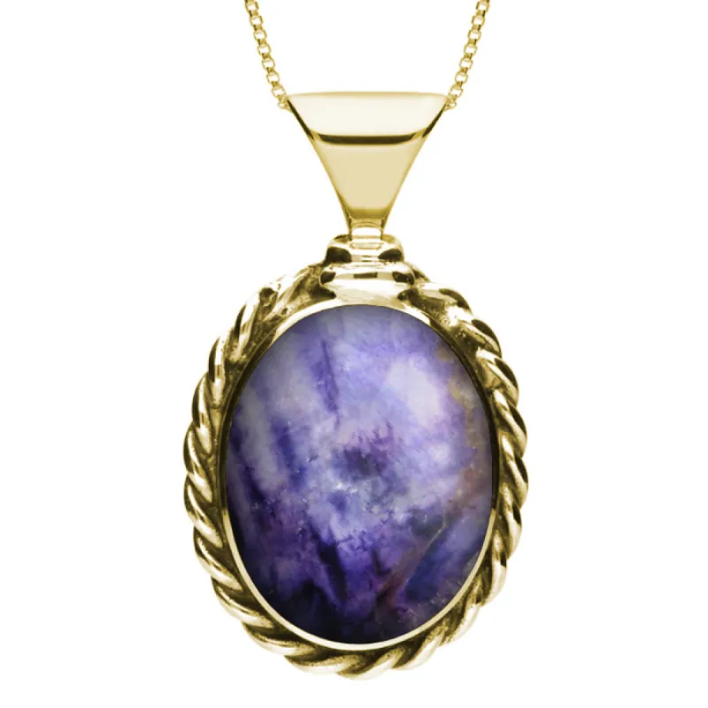 9ct Yellow Gold Blue John Large Oval Rope Edge Necklace sold by C.W. Sellors