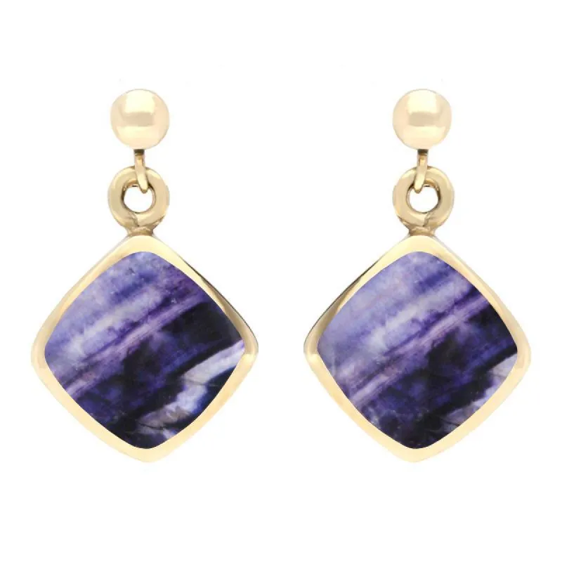 9ct Yellow Gold Blue John Cushion Drop Earrings sold by C.W. Sellors