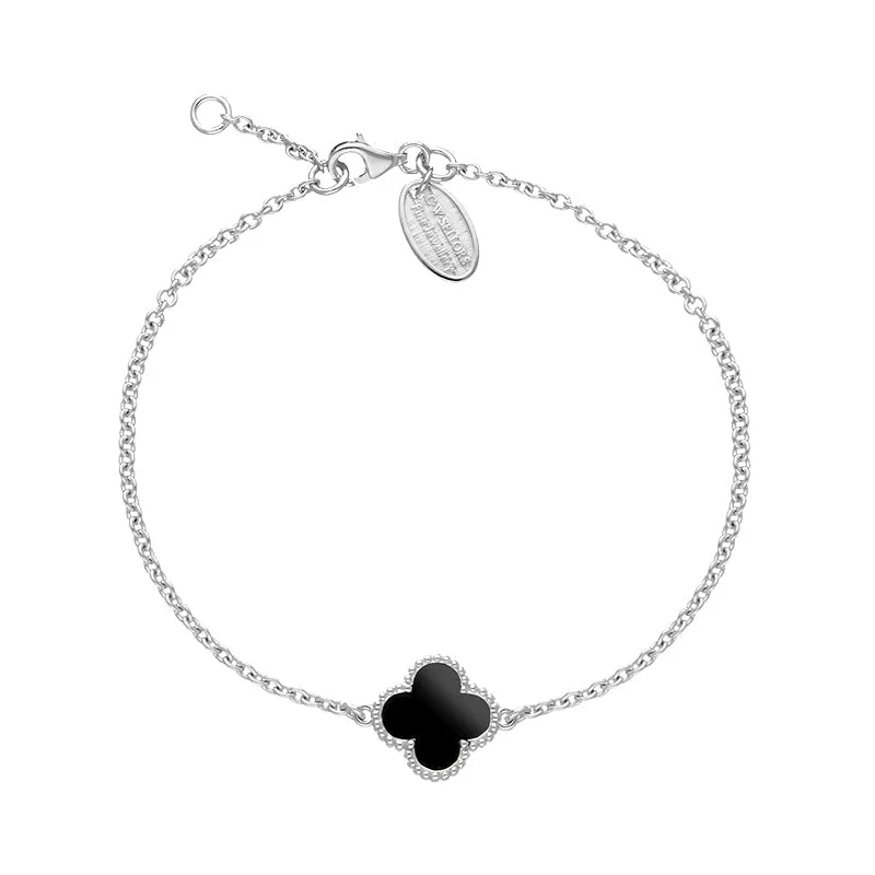 18ct White Gold Whitby Jet Bloom Four Leaf Clover Ball Edge Chain Bracelet sold by C.W. Sellors