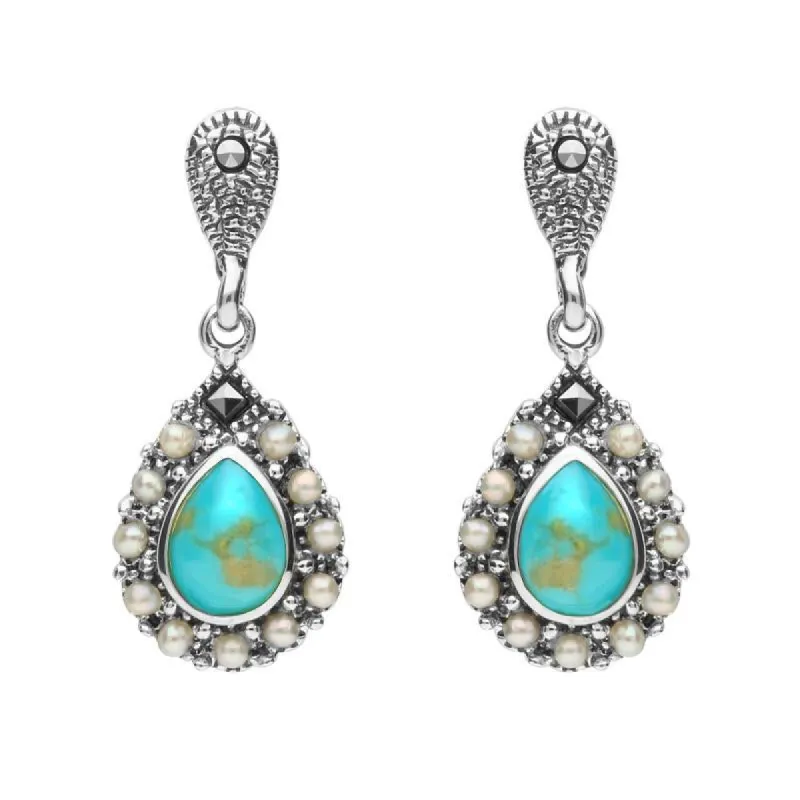 Sterling Silver Turquoise Marcasite Pearl Round Edge Bead Drop Earrings sold by C.W. Sellors