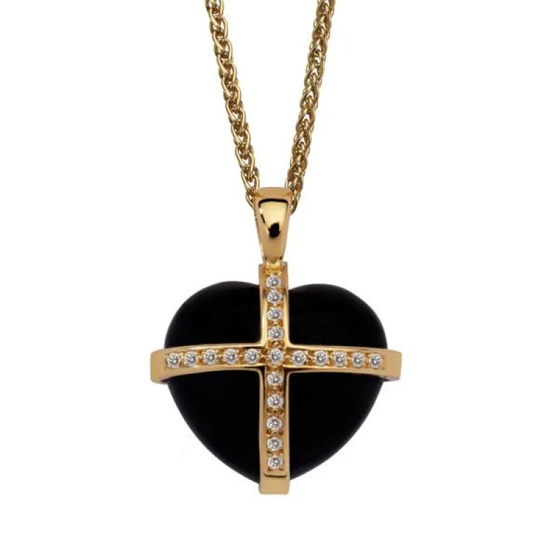18ct Yellow Gold Whitby Jet 0.20ct Diamond Size M Cross Heart Necklace sold by C.W. Sellors