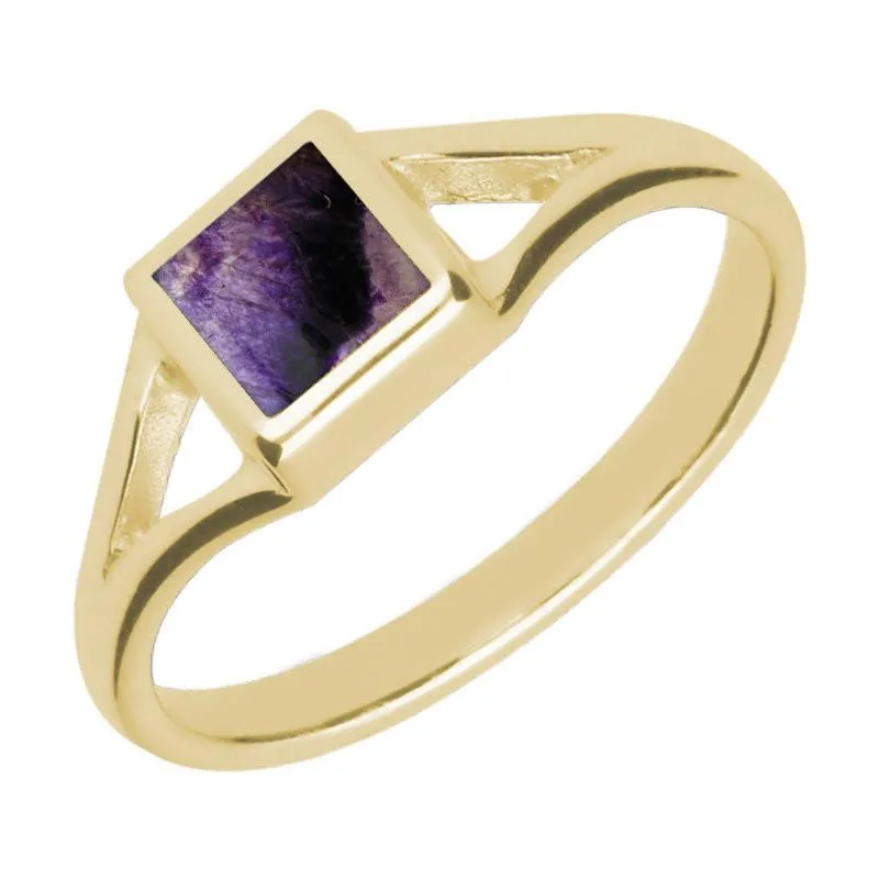 9ct Yellow Gold Blue John Square Split Shoulder Ring sold by C.W. Sellors