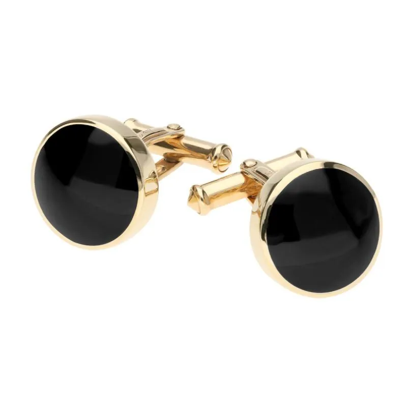 9ct Yellow Gold Whitby Jet Round Shape Cufflinks made by C.W. Sellors