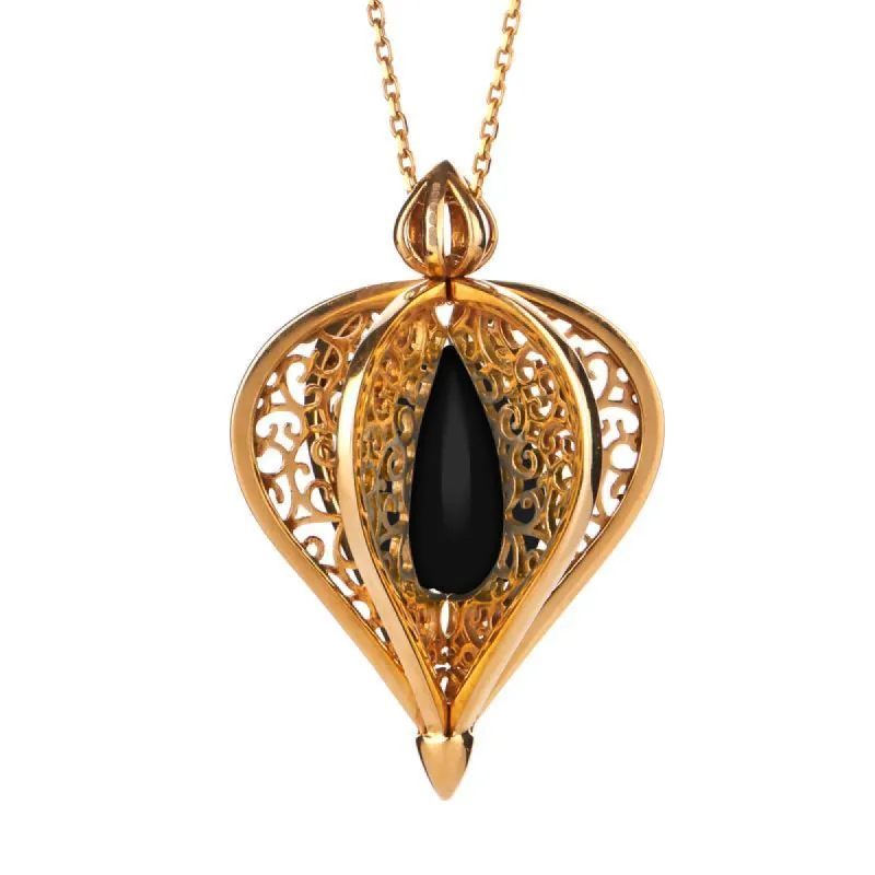Yellow Gold Plated Sterling Silver Whitby Jet Flore Filigree Droplet Necklace sold by C.W. Sellors