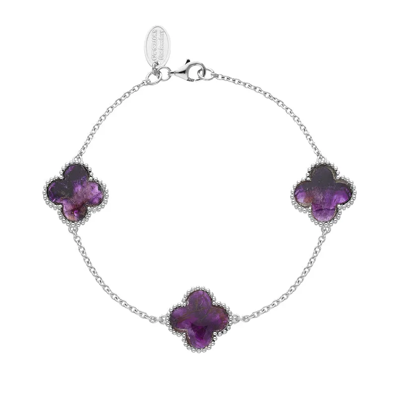 Sterling Silver Blue John Bloom Three Stone Four Leaf Clover Ball Edge Chain Bracelet sold by C.W. Sellors