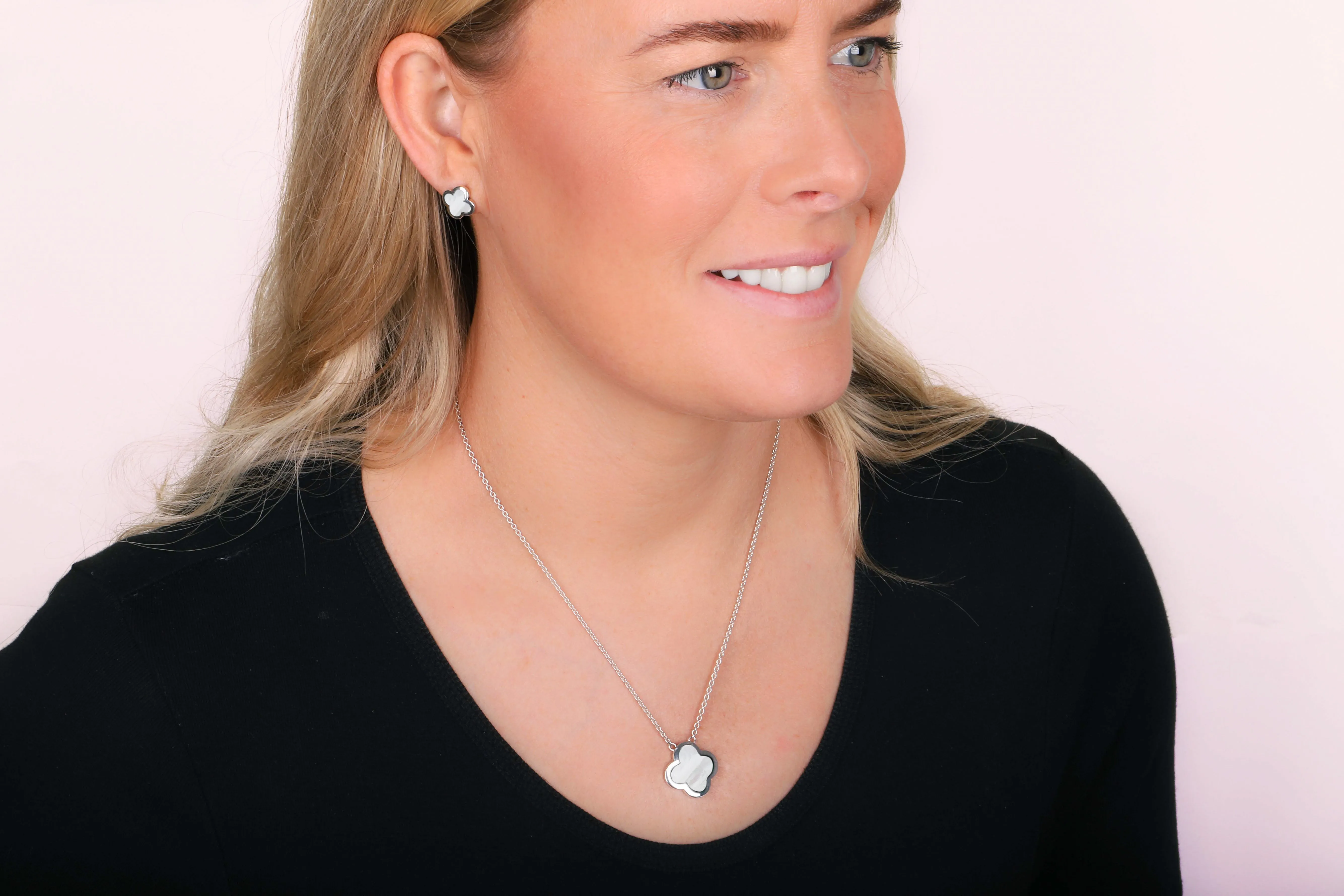 9ct White Gold White Mother of Pearl Bloom Large Four Leaf Clover Polished Edge Pendant sold by C.W. Sellors product image thumbnail 2