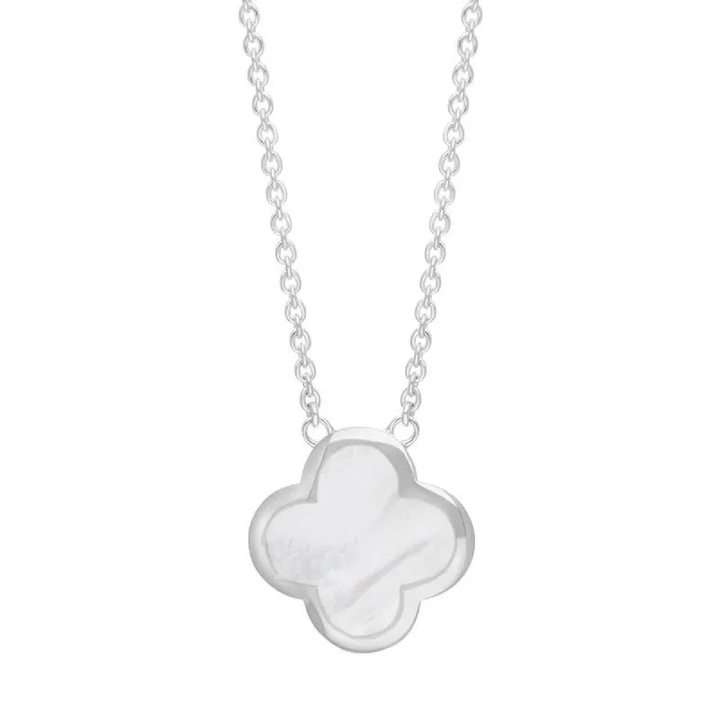 9ct White Gold White Mother of Pearl Bloom Large Four Leaf Clover Polished Edge Pendant sold by C.W. Sellors