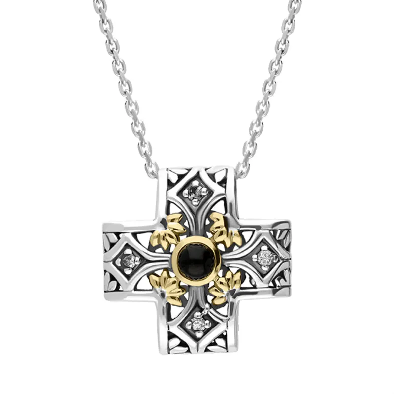 Sterling Silver Whitby Jet Ornate Flower Cross Necklace D sold by C.W. Sellors