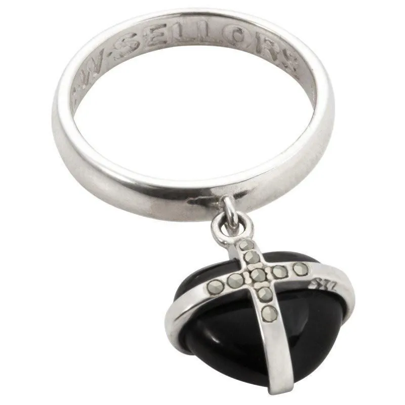 Silver Whitby Jet Nine Marcasite Small Cross Heart Dropper Ring sold by C.W. Sellors