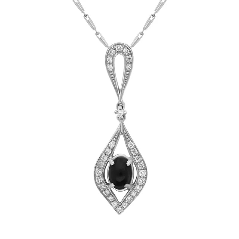 18ct White Gold Diamond 0.19ct Whitby Jet Open Curved Marquise Pendant Necklace sold by C.W. Sellors