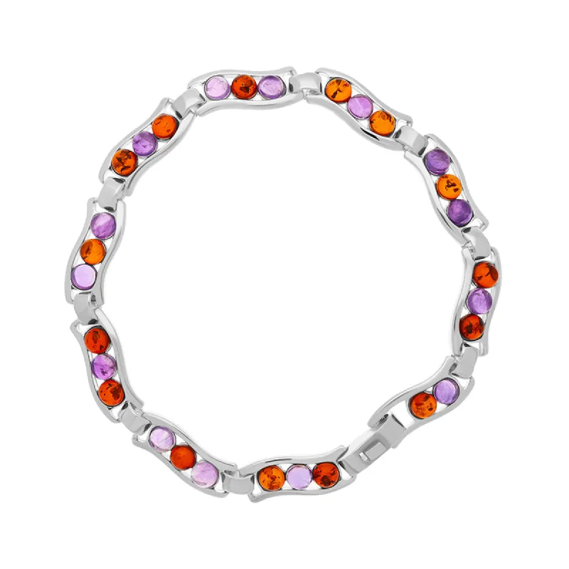 Sterling Silver Amber Amethyst Round Ten Stone Wavy Link Bracelet D made by C.W. Sellors
