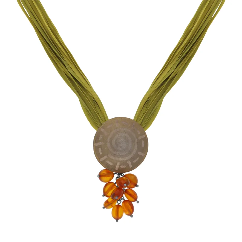 Sterling Silver Amber Sun Disc Green Silk Necklace D sold by C.W. Sellors