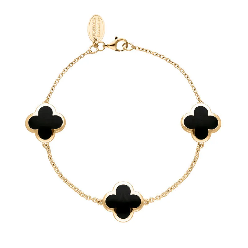 18ct Rose Gold Whitby Jet Bloom Four Leaf Clover Chain Bracelet sold by C.W. Sellors