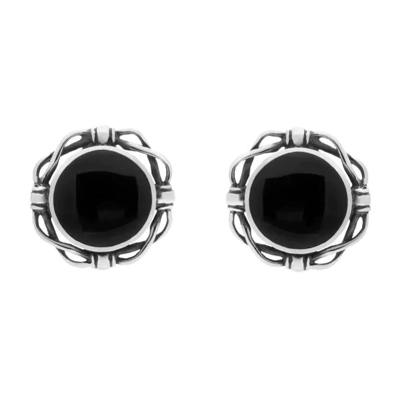 Sterling Silver Whitby Jet Round Bow Edge Stud Earrings sold by C.W. Sellors