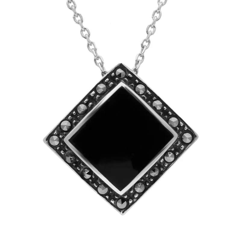 Sterling Silver Whitby Jet and Marcasite Square Framed Necklace D sold by C.W. Sellors