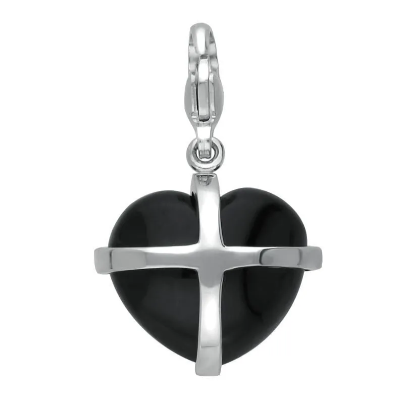 Sterling Silver Whitby Jet Medium Cross Heart Charm sold by C.W. Sellors
