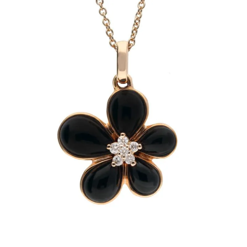 18ct Rose Gold Whitby Jet 0.025 Carat Diamond Small Flower Pendant D sold by C.W. Sellors