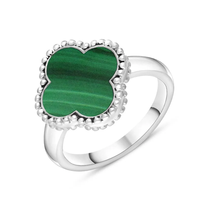 18ct White Gold Malachite Bloom Four Leaf Clover Ball Edge Ring sold by C.W. Sellors