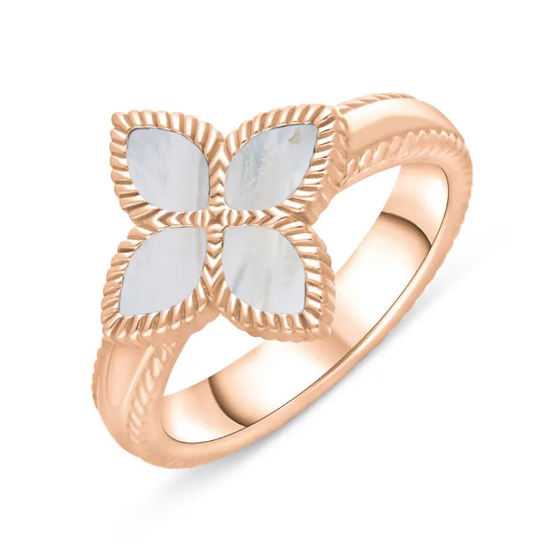 9ct Rose Gold White Mother of Pearl Eden Marquise Flower Ring sold by C.W. Sellors