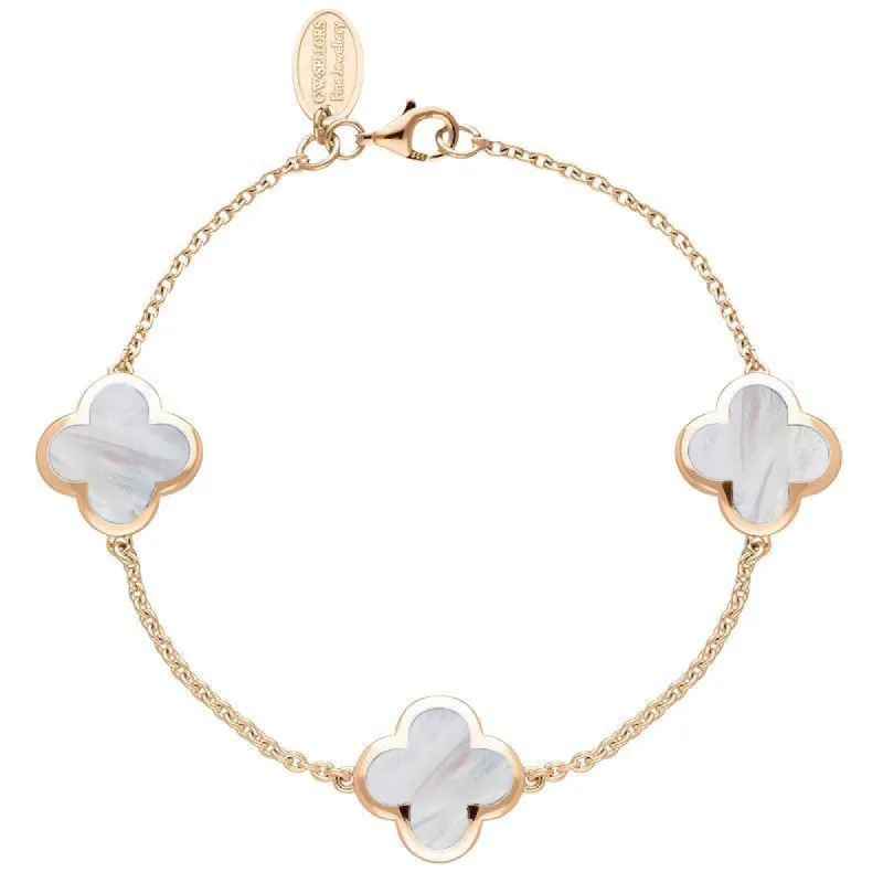 9ct Rose Gold White Mother of Pearl  Bloom Four Leaf Clover Chain Bracelet sold by C.W. Sellors
