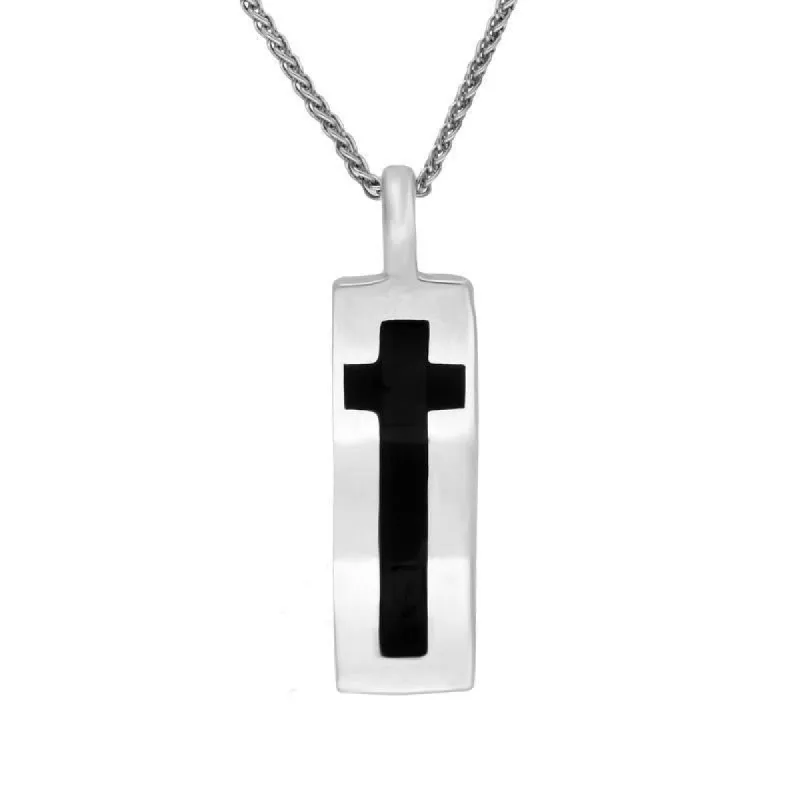 Sterling Silver Whitby Jet Inlaid Cross Wavy Oblong Necklace D sold by C.W. Sellors