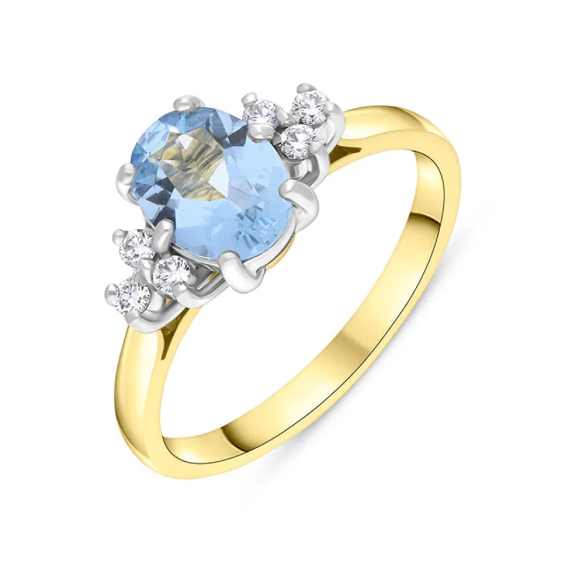 18ct Yellow Gold Aquamarine Diamond Cluster Oval Cut Ring sold by C.W. Sellors
