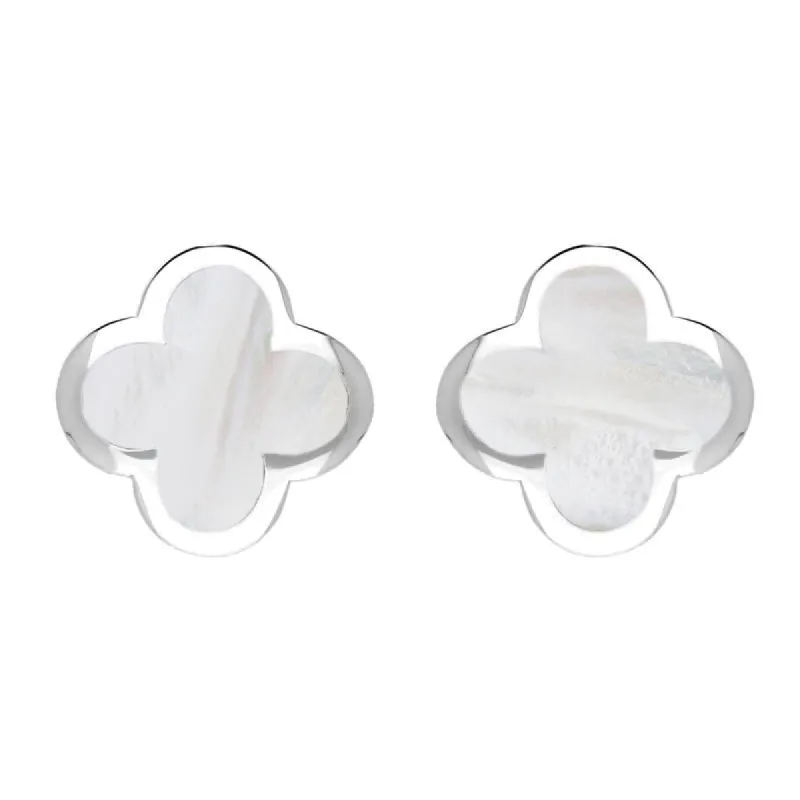 Sterling Silver White Mother of Pearl Bloom Four Leaf Clover Stud Earrings sold by C.W. Sellors