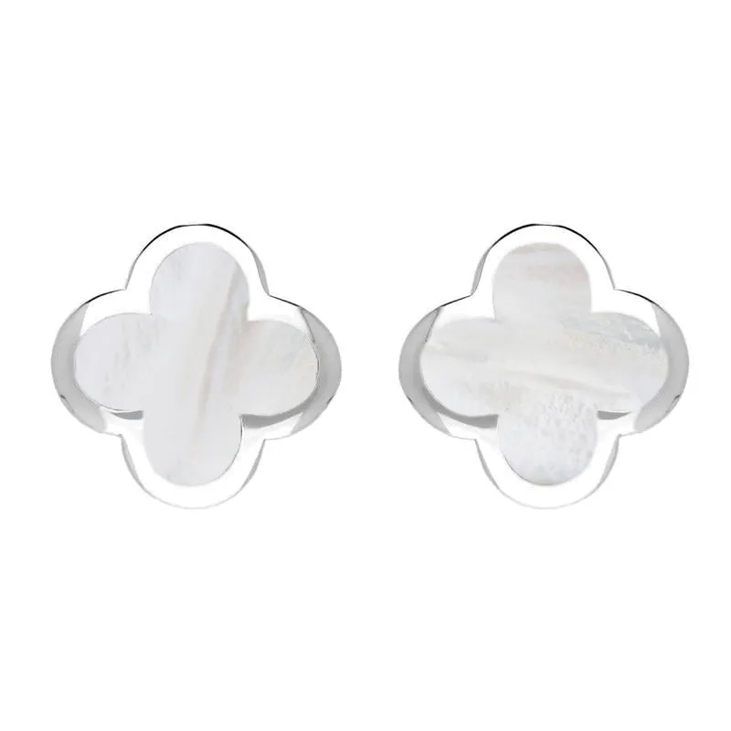 Sterling Silver White Mother of Pearl Bloom Four Leaf Clover Stud Earrings sold by C.W. Sellors