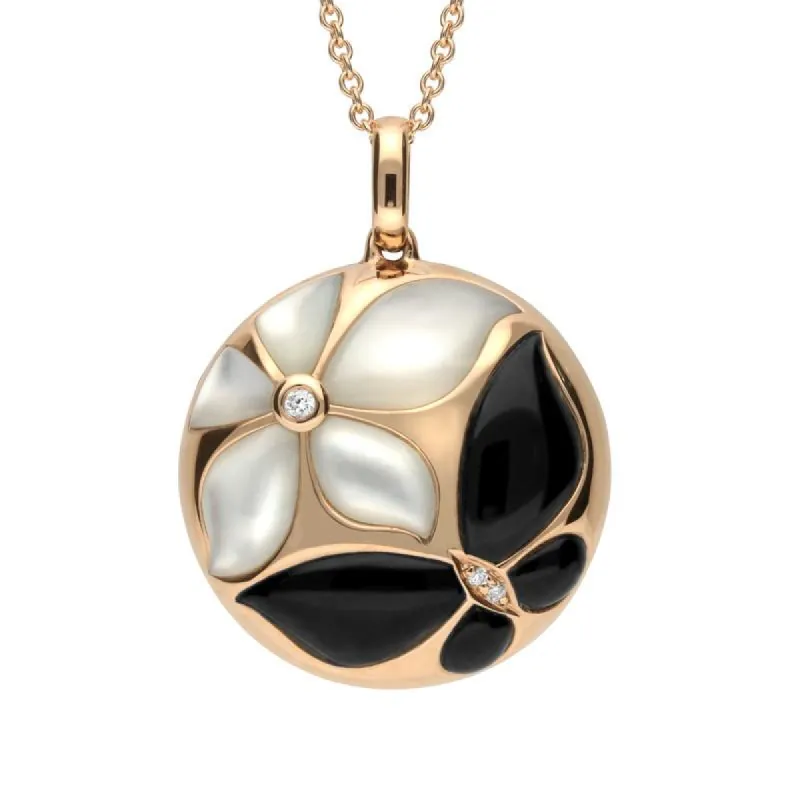 18ct Rose Gold Whitby Jet And Diamond Round Two Flower Necklace sold by C.W. Sellors