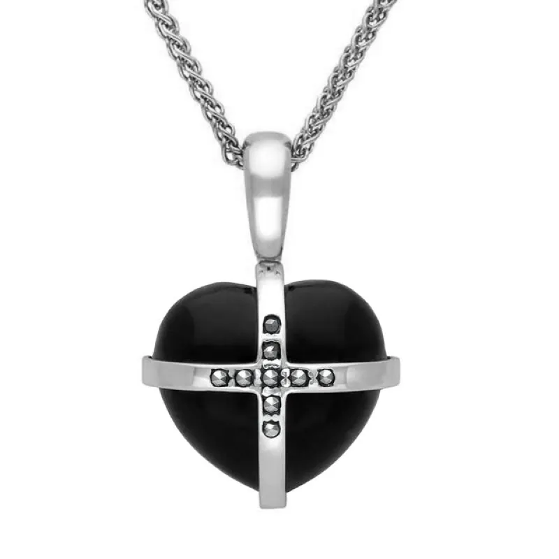 Sterling Silver Whitby Jet Marcasite Small Cross Heart Necklace sold by C.W. Sellors