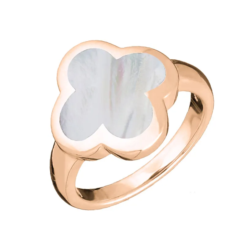 9ct Rose Gold White Mother of Pearl Bloom Four Leaf Clover Ring sold by C.W. Sellors