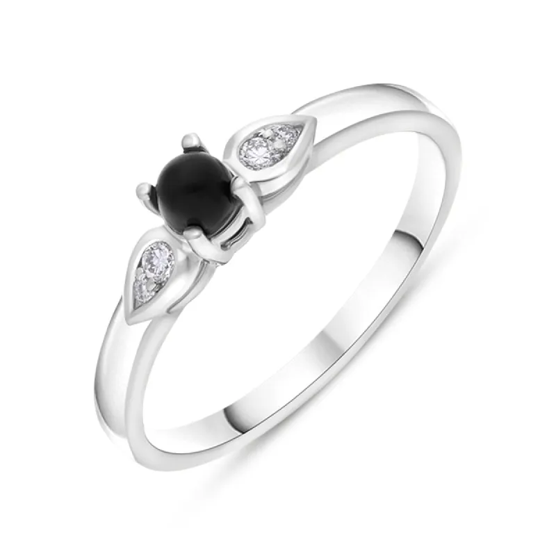 18ct White Gold Whitby Jet 0.07ct Diamond Pear Shoulder Ring sold by C.W. Sellors