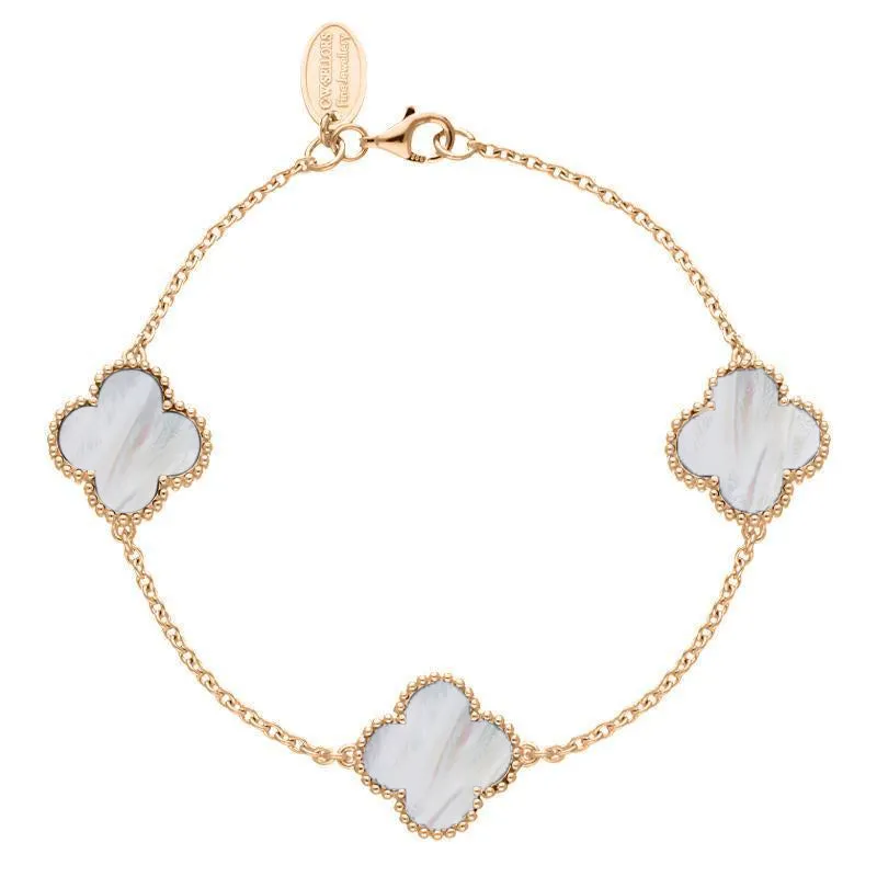 9ct Rose Gold White Mother of Pearl Bloom Four Leaf Clover Ball Edge Chain Bracelet sold by C.W. Sellors