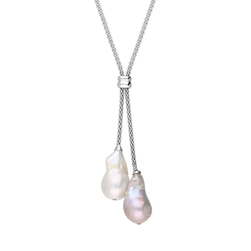 Sterling Silver Peach and White Baroque Pearl Two Stone Drop Necklace sold by C.W. Sellors