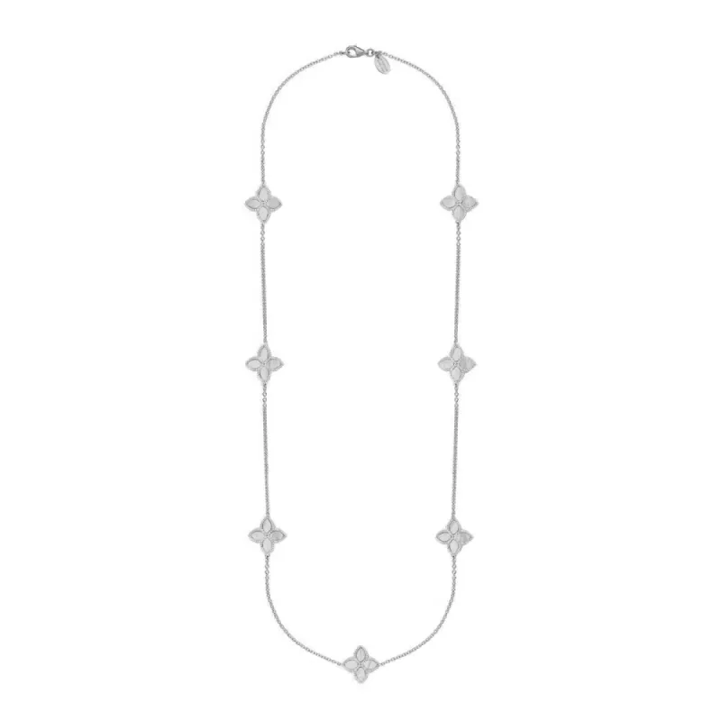 18ct White Gold White Mother of Pearl Eden Long Marquise Flower Necklace sold by C.W. Sellors