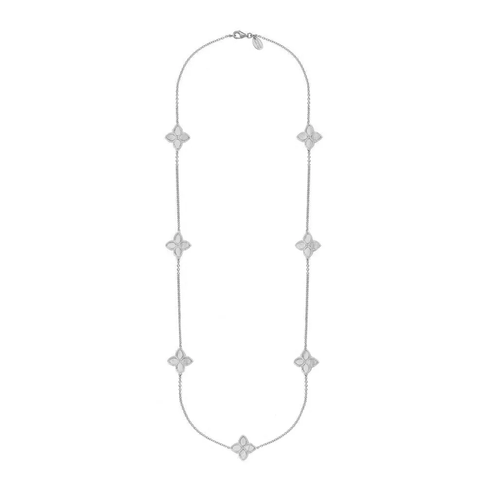 18ct White Gold White Mother of Pearl Eden Long Marquise Flower Necklace sold by C.W. Sellors