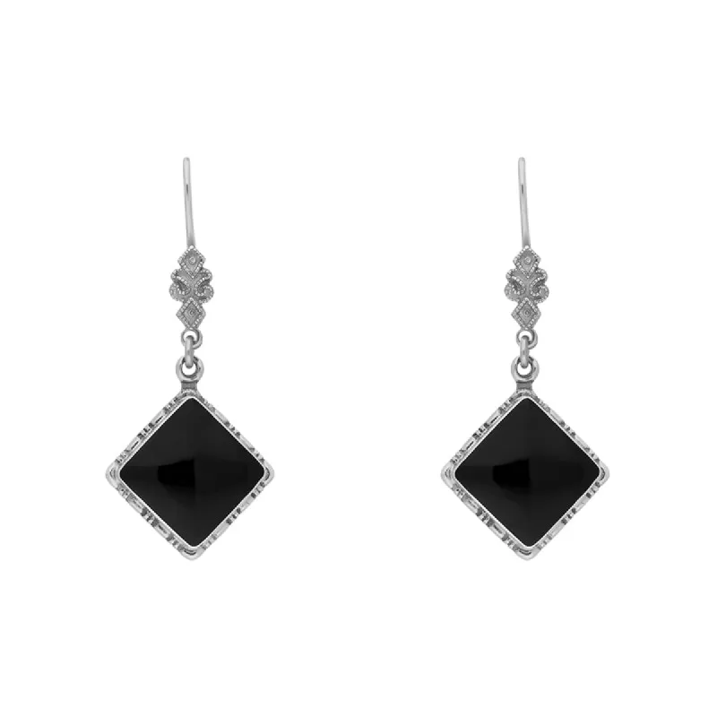 Sterling Silver Whitby Jet Square Beaded Edge Drop Earrings D sold by C.W. Sellors