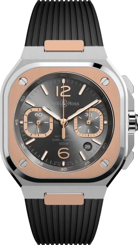Bell & Ross BR 05 Chrono Grey Steel Gold Rubber Watch sold by C.W. Sellors