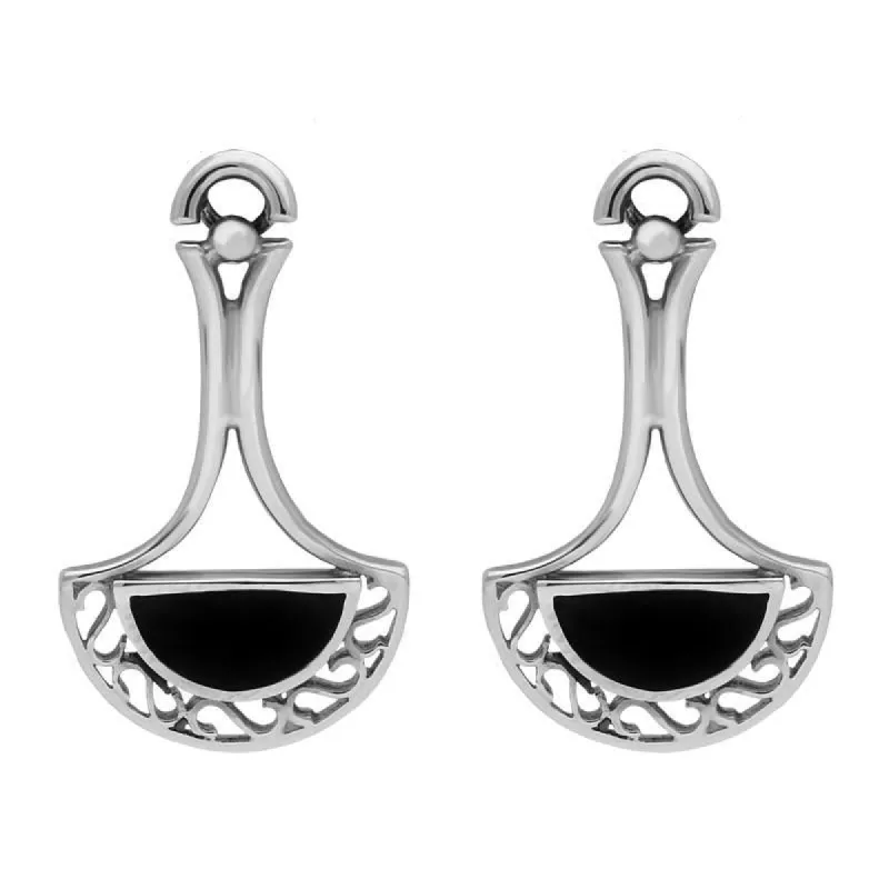 Sterling Silver Whitby Jet Heritage Pierced Fan Drop Earrings sold by C.W. Sellors