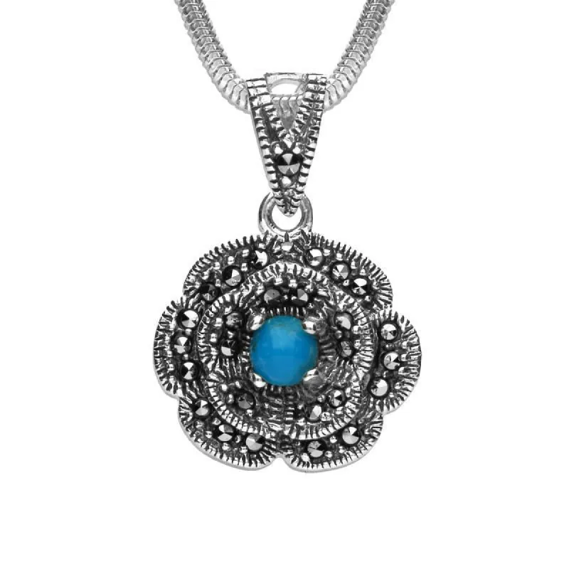 Sterling Silver Turquoise Marcasite Flower Necklace sold by C.W. Sellors