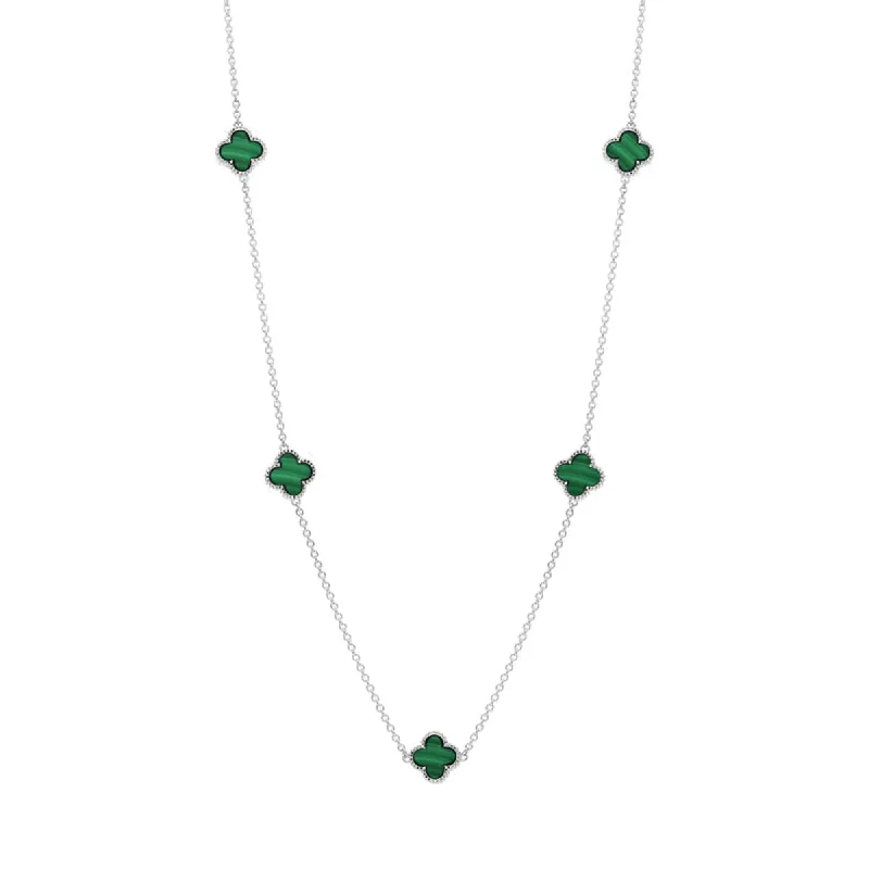 18ct White Gold Malachite Bloom Four Leaf Clover Ball Edge Necklace sold by C.W. Sellors
