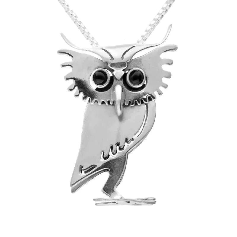Sterling Silver Whitby Jet Large Three Dimensional Owl Necklace sold by C.W. Sellors