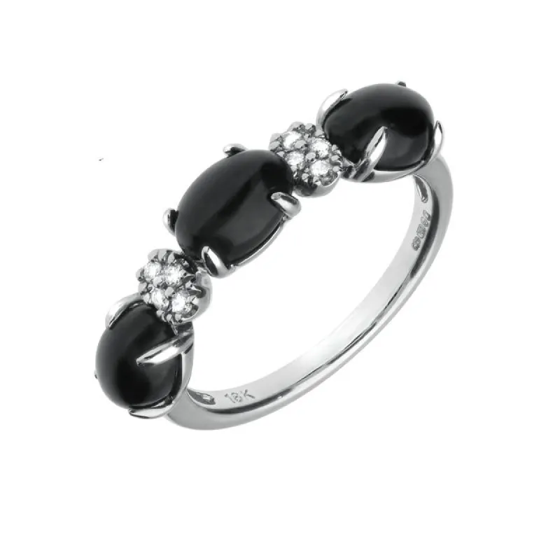 18ct White Gold Whitby Jet 0.08ct Diamond 3 Stone Oval Ring D sold by C.W. Sellors