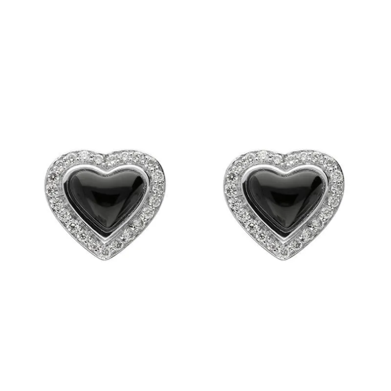 18ct White Gold Whitby Jet 0.14ct Diamond Edge Heart Stud Earrings made by C.W. Sellors