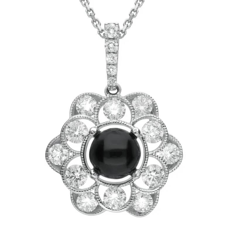 18ct White Gold Whitby Jet 0.89ct Diamond Flower Necklace sold by C.W. Sellors