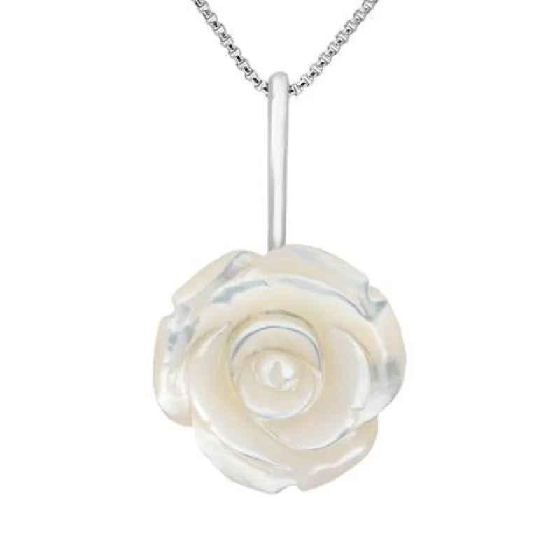 Sterling Silver White Mother of Pearl Tuberose 20mm Rose Necklace sold by C.W. Sellors