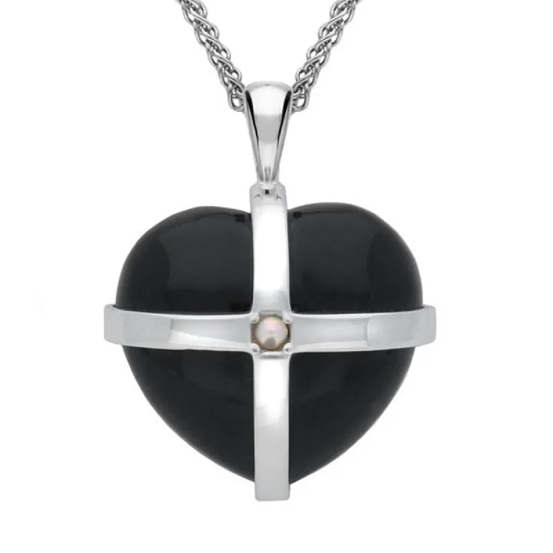 Sterling Silver Whitby Jet One Pearl Large Cross Heart Necklace sold by C.W. Sellors