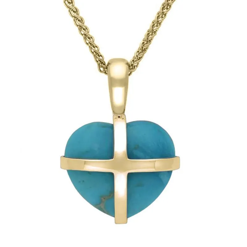 9ct Yellow Gold Turquoise Small Cross Heart Necklace sold by C.W. Sellors